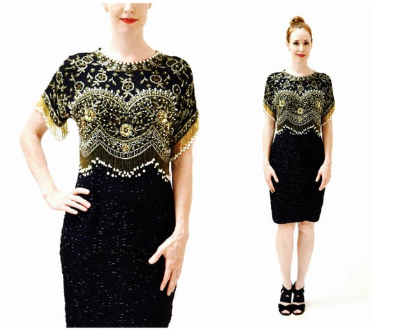 VIntage Black Sequin Dress Beaded Fringe Dress Me… - image 1