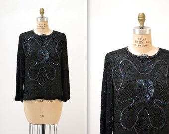 Vintage Black Sequin Shirt Top Medium// Vintage Black Beaded Shirt size Medium Metallic Flapper Art Deco Inspired flower POwer Long sleeves