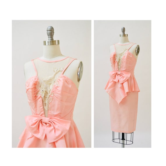 80s Prom Dress XXS XS Vintage Dress Pink White Se… - image 1