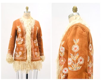 Vintage Embroidered Shearling Afghan Jacket Coat Small Medium//  70s Shearling Coat Embroidered Sheepskin Fur Boho Afghan Jacket