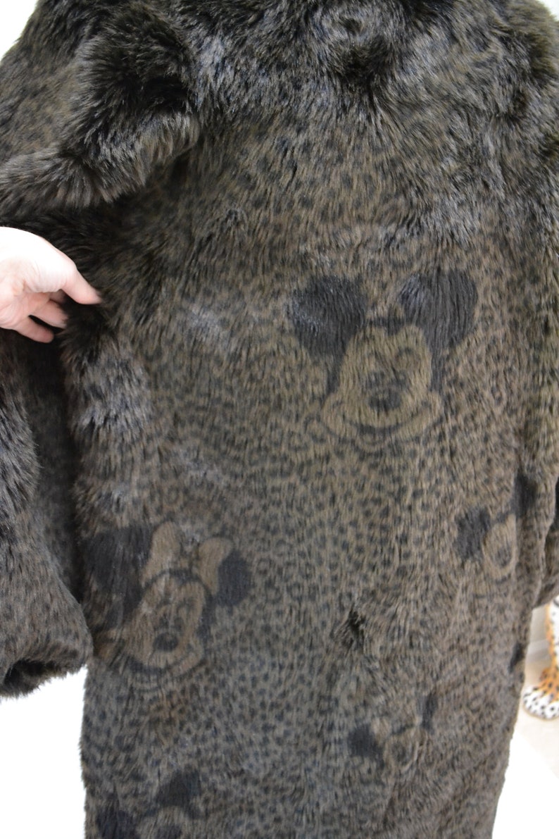 Vintage Faux Fur Jacket Coat Mickey Mouse Minnie Mouse Disney 90s Brown Black Animal Print Faux Fur Coat by Apparence Paris Small Medium image 6