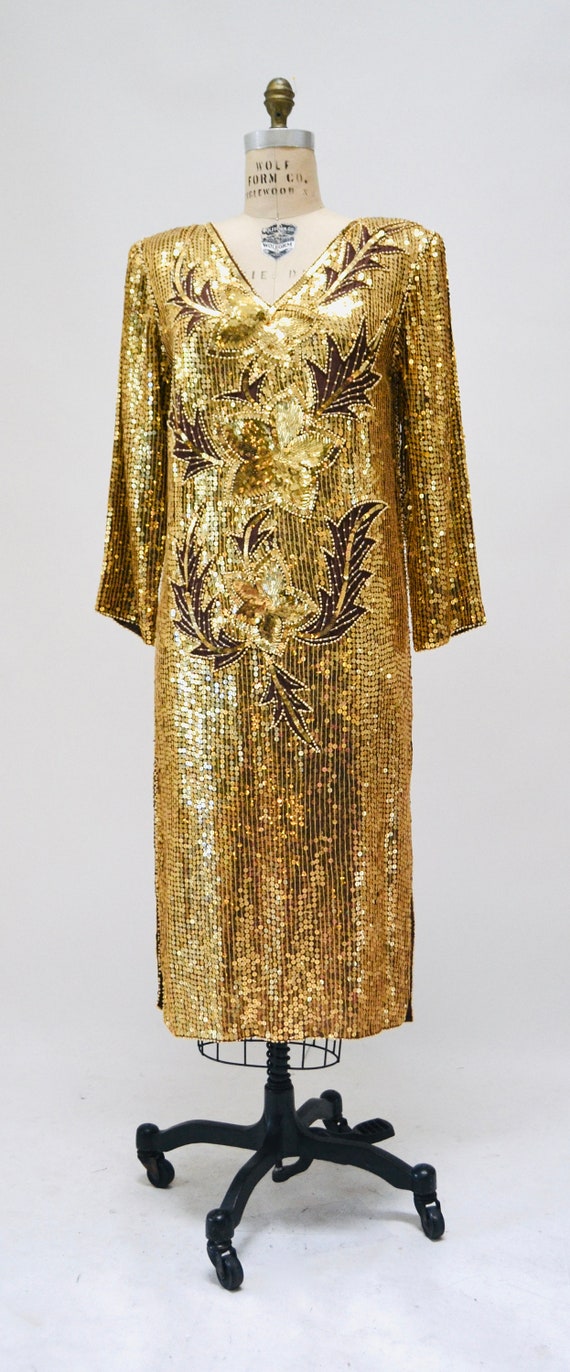 70s 80s Vintage Gold Sequin Dress Vintage Gold Me… - image 4