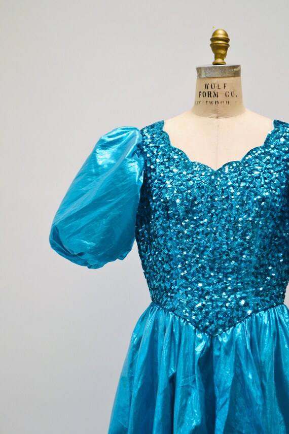 Vintage 80s Prom Sequin Dress Blue Metallic Ball Gown… - Gem
