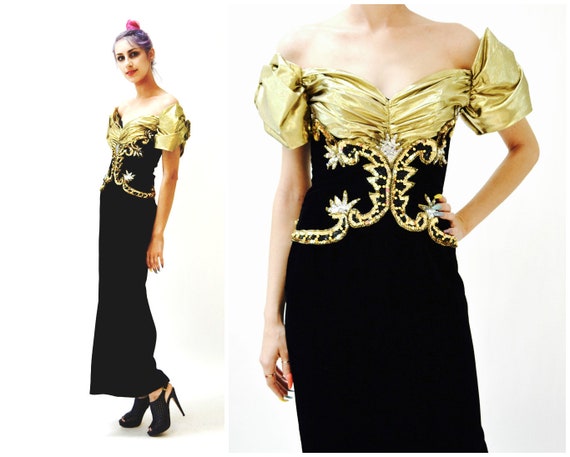 Vintage 80s Prom Dress Black Gold Evening Gown Ve… - image 1