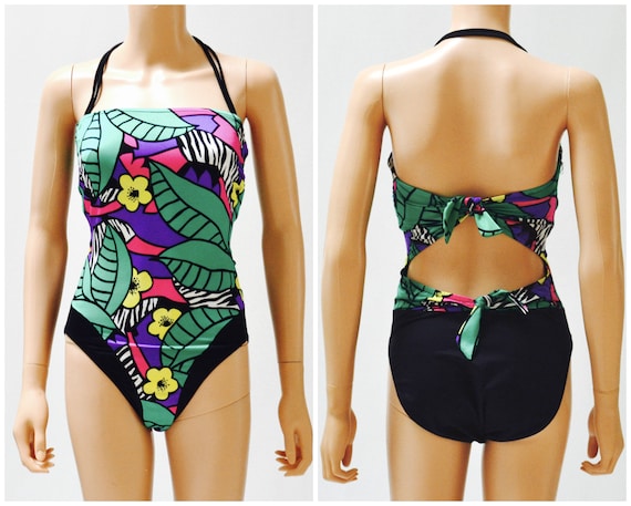 Vintage 80s High Cut Swim Suit size Medium Black T