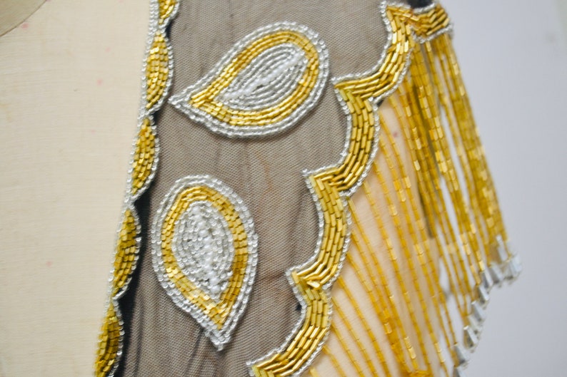 80s 90s Vintage Gold Black Beaded Fringe Shawl Wrap Burlesque Wedding Flapper Gold Metallic Beaded Vintage Fringe Collar Shawl Gold Flapper image 4