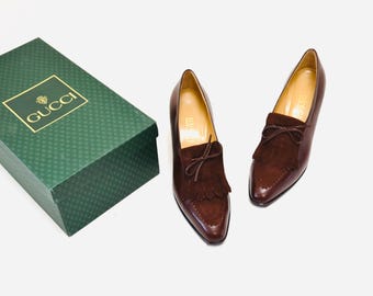 80s Vintage Gucci Brown High Heel Loafers Shoes Size US 7 7 1/2 8 High Heel Gucci Shoes Made In Italy Gucci Brown High Heel Loafers size 7 8