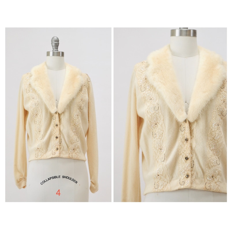 50s Vintage Cream Mink Fur Collar Beaded Cardigan Sweater Rhinestone Buttons Small Medium Vintage Wedding Fur Collared Cashmere Cardigan image 1
