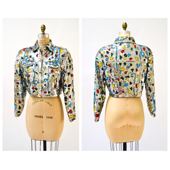 Vintage Sequin Jacket Silver Metallic Rainbow Seq… - image 2