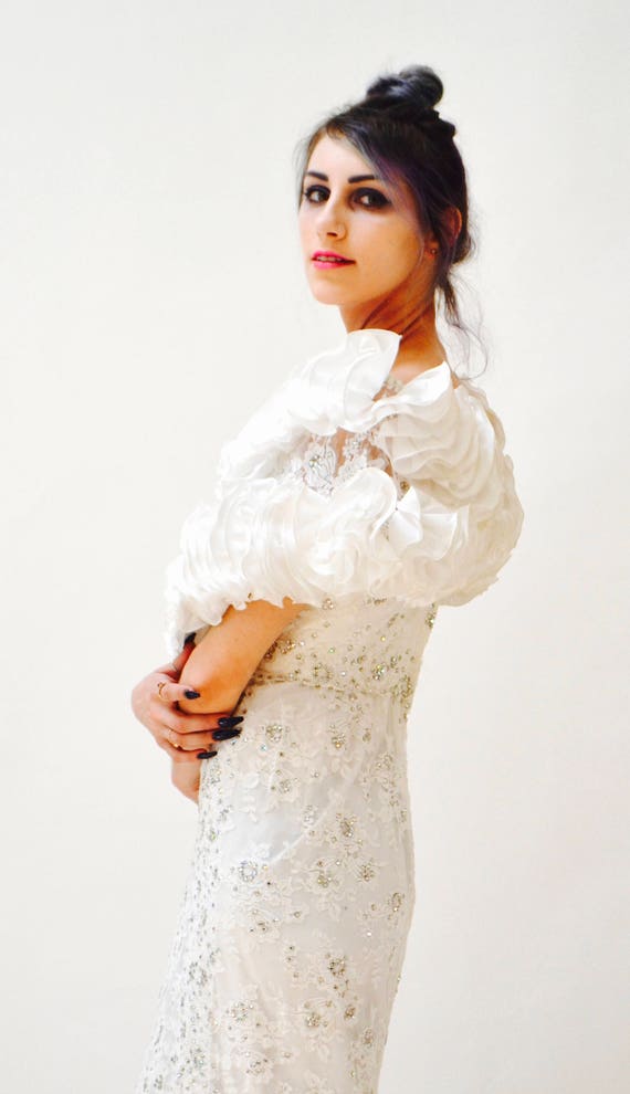 80s Vintage White Lace and Rhinestone Evening Gow… - image 7