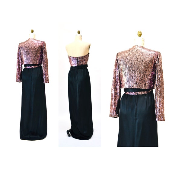 70s Vintage Pink Black Sequin Gown Dress Sequin J… - image 2