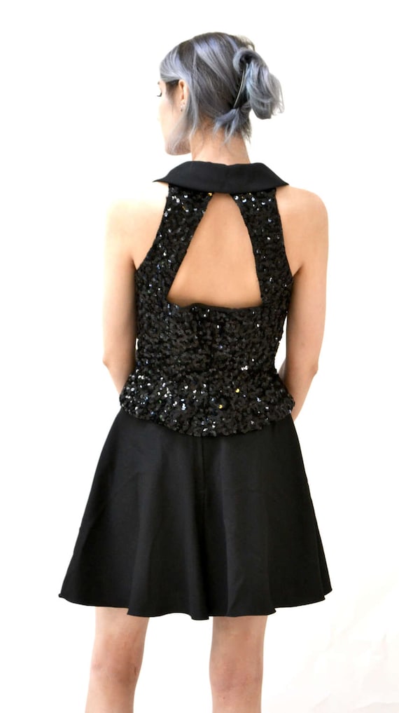 80s Vintage Prom Set Black sequin Vest Black Shor… - image 5
