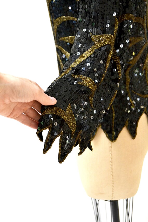 Vintage Metallic Sequin Shirt Black Art Deco Flap… - image 9