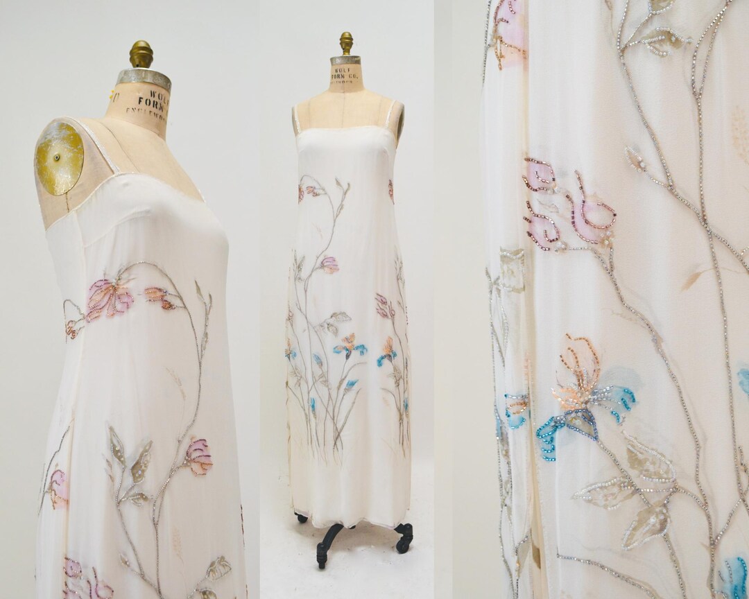 Rare Vintage Y2K White Beaded Silk Chiffon Gown