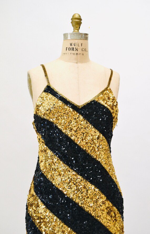 90s Vintage Black Gold Metallic Sequin Dress Tank… - image 5