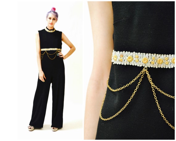 70s Vintage Black Jumpsuit Medium Large Metallic … - image 2