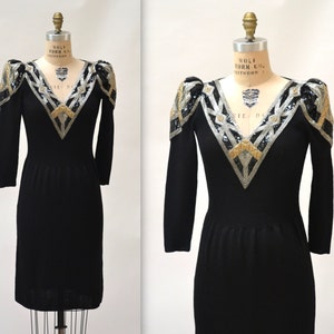 Vintage Black Sweater Dress Size Small Medium Beaded Art Deco Inspired// Black Sweater Dress Metallic Sequins Beading By Pat Sandler image 2
