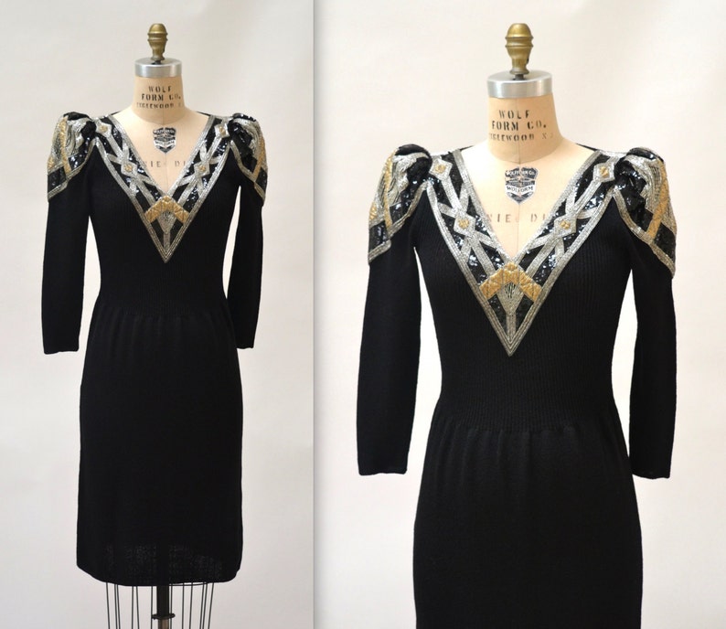 Vintage Black Sweater Dress Size Small Medium Beaded Art Deco Inspired// Black Sweater Dress Metallic Sequins Beading By Pat Sandler image 2