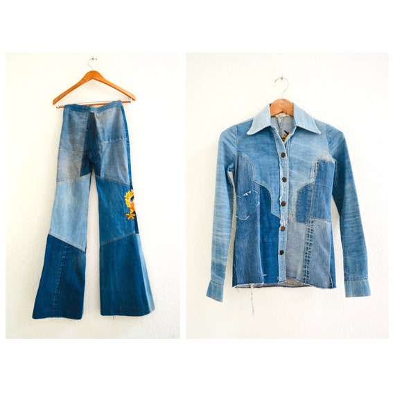 70s Authentic Vintage Patchwork Denim Shirt Bell … - image 2