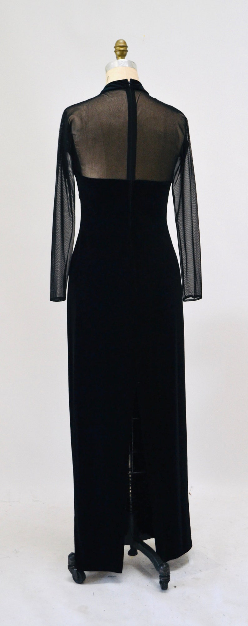 90s Vintage Black Velvet Prom Dress Illusion Dress Medium// Black Body Con 90s Prom Dress Bondage Dress Medium Sheer Sleeve long Black Dress image 6
