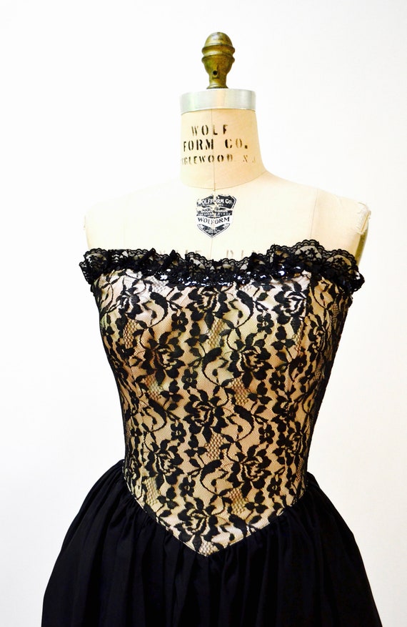 Vintage 80s Prom Dress Strapless Black Lace Sequi… - image 4