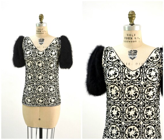 50s 60s Vintage Sequin Sweater Beaded Top Shirt Bl