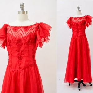 Vintage 70s Prom Dress Size Small Medium Red embroidered Ruffle Dress// 70s 80s Bridesmaid Dress Red Boho Prairie Southern Bell Dress image 1