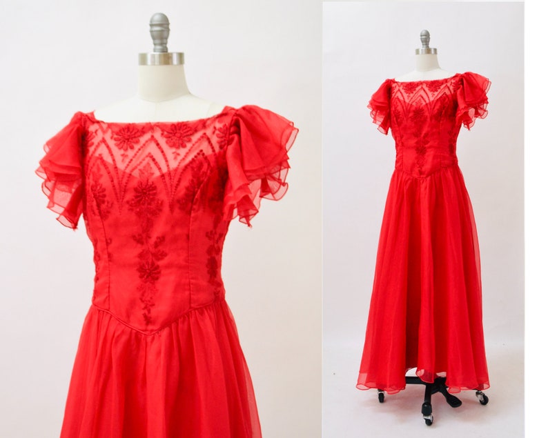 Vintage 70s Prom Dress Size Small Medium Red embroidered Ruffle Dress// 70s 80s Bridesmaid Dress Red Boho Prairie Southern Bell Dress image 1