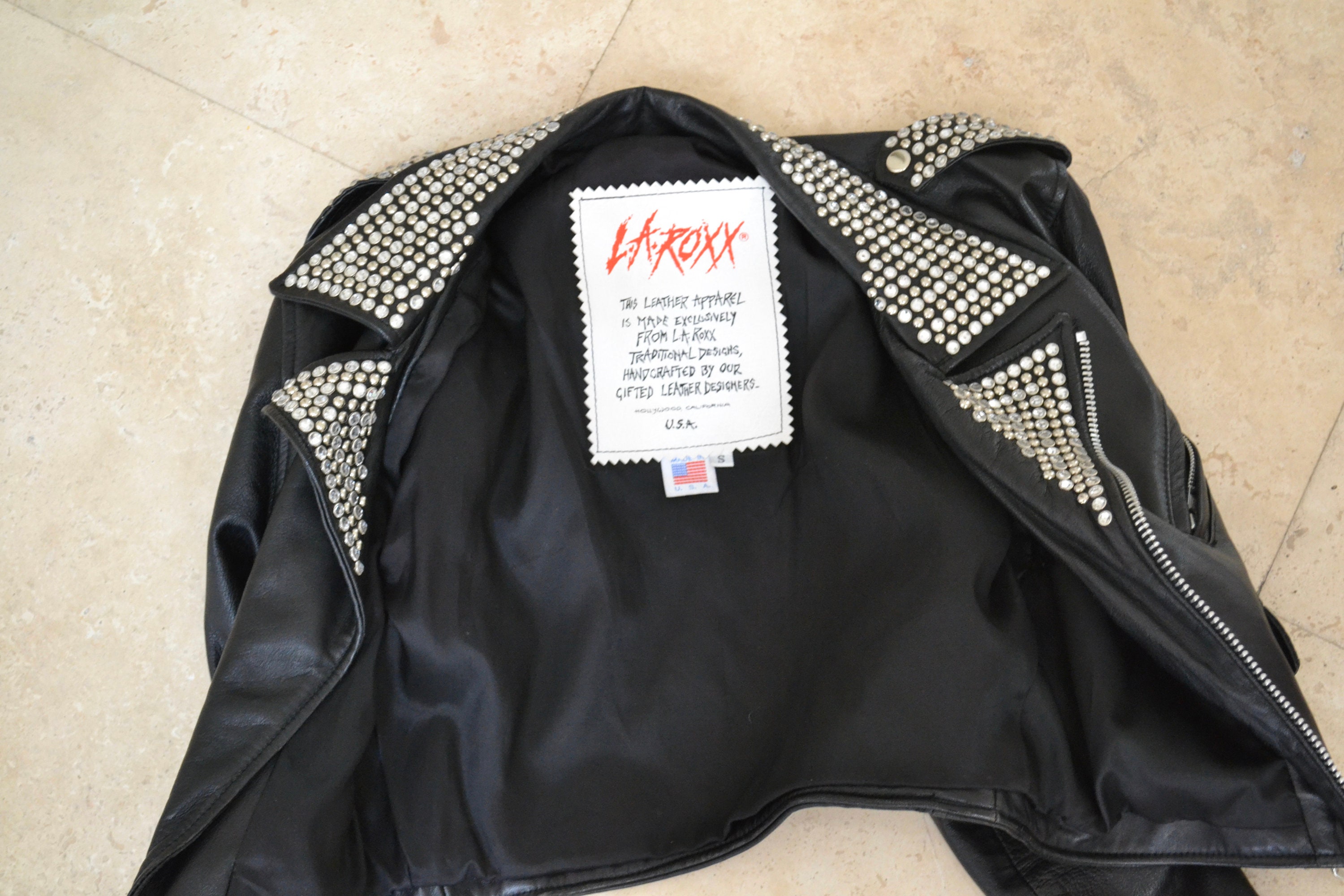 Vintage Black Leather Biker Jacket Silver Studs Rhinestones