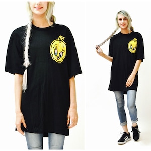 Vintage Sequin Shirt Black Tee Shirt with Tweety Bird Sequin Patch Looney Tunes Comic Large By Jeanette for St martin Disney