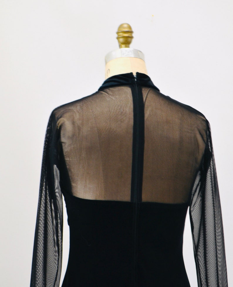 90s Vintage Black Velvet Prom Dress Illusion Dress Medium// Black Body Con 90s Prom Dress Bondage Dress Medium Sheer Sleeve long Black Dress image 9