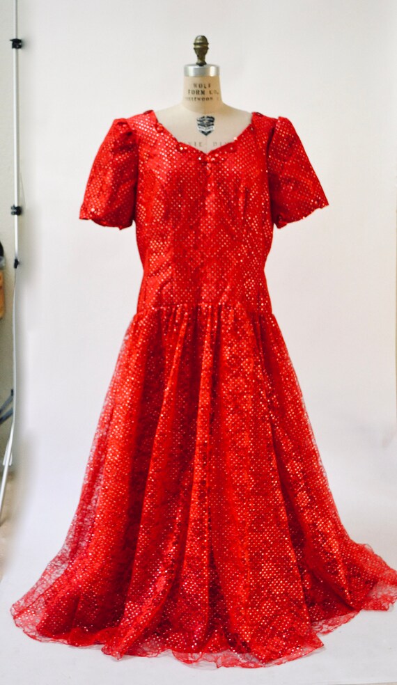 80s Prom Dress Size XL XXL Red Metallic Ball Gown… - image 5