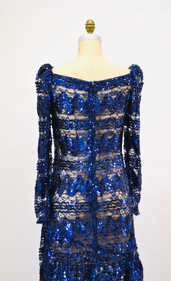 Vintage 80s 90s Lace Sequin Dress Metallic Blue  … - image 8