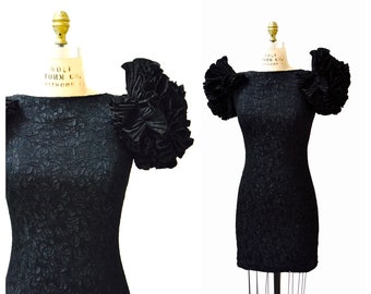 Vintage 80s Prom Dress Black Size Small Medium by Victor Costa// 80s 90s Black Party Cocktail Dress Size Small Medium Poof Sleeves Body Con