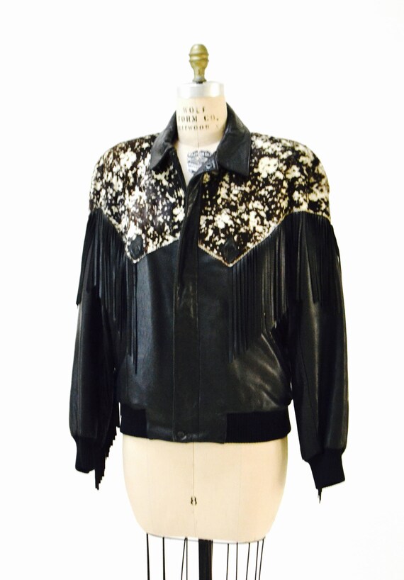Vintage Black Leather Jacket Fringe Michael Hoban… - image 6