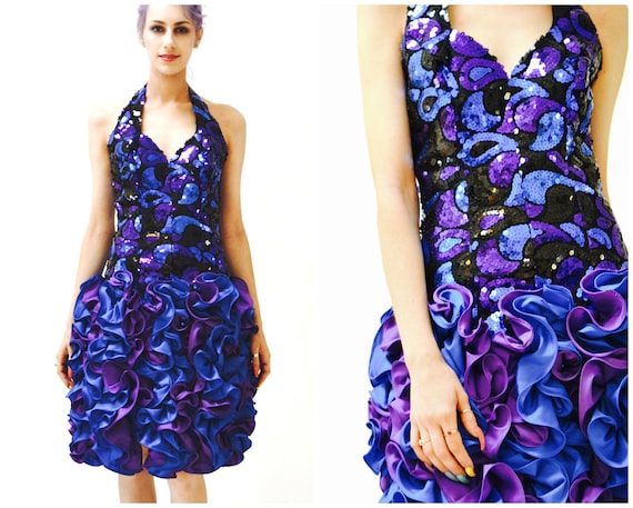 80s Prom Dress Small Purple and Blue Sequin Dress