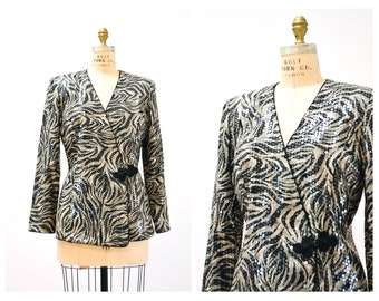 80s 90s Vintage Sequin Jacket Black White Size Large with Zebra Animal Print// 80s 90s Glam Vintage Zebra Stripe Sequin Blazer Jacket  Large