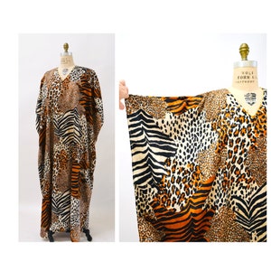 80s 90s Vintage Animal Print Dress Caftan Kaftan Beach Cover Up Large XL PLUS SIZE // Vintage Leopard Print Caftan Kaftan Dress Large xl image 2