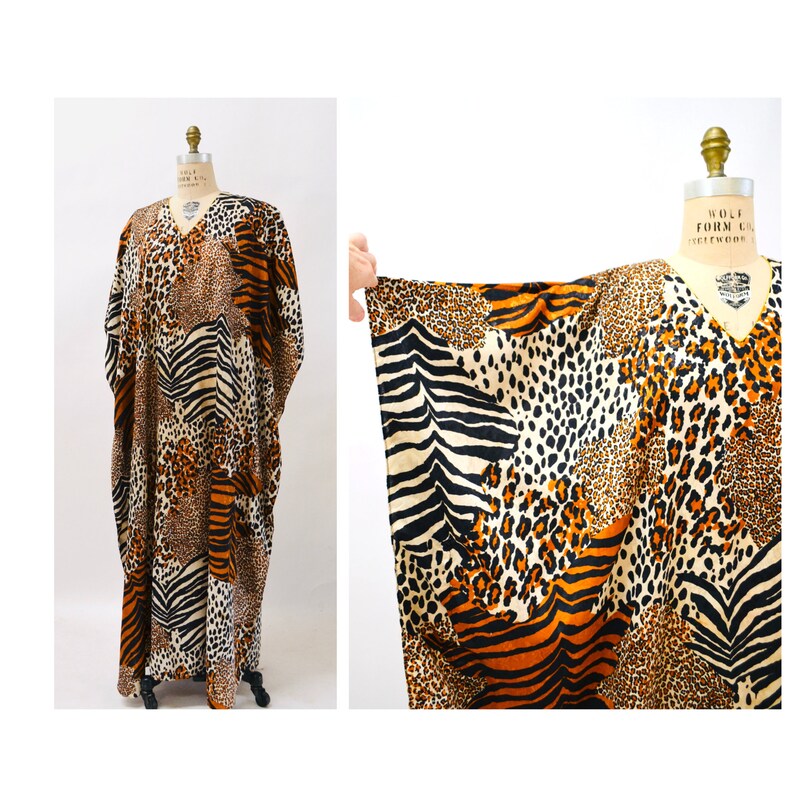 80s 90s Vintage Animal Print Dress Caftan Kaftan Beach Cover Up Large XL PLUS SIZE // Vintage Leopard Print Caftan Kaftan Dress Large xl image 2