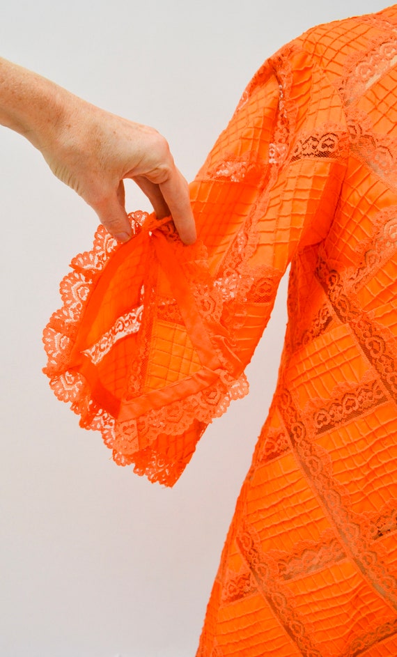 70s Vintage Orange Dress Lace Patchwork House Dre… - image 3