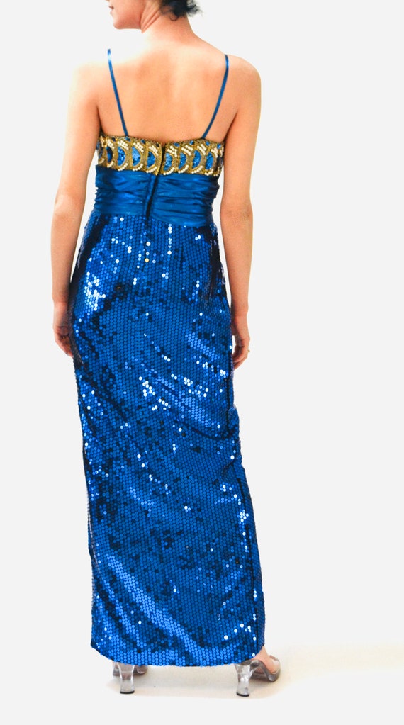 Vintage 80s Prom Dress Blue Sequin Metallic Gown … - image 5