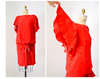 80s Vintage Red Silk Ruffle Dress Medium by Saint Romei// 80s Red Silk Ruffle Party Dress Medium Draped Red Party Dress