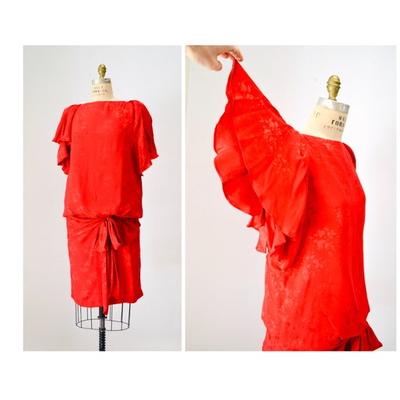 80s Vintage Red Silk Ruffle Dress Medium by Saint… - image 1