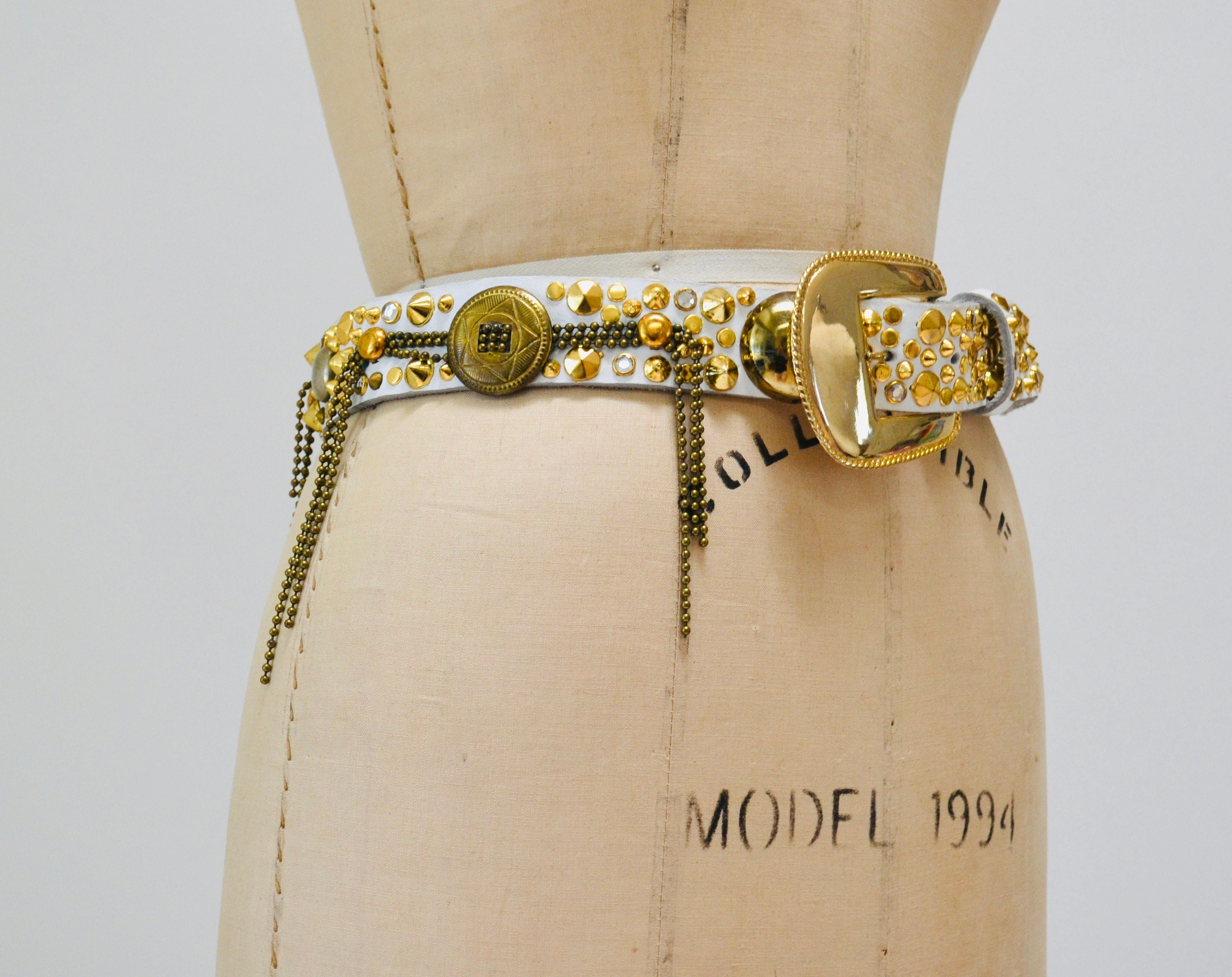 80s Vintage White Gold Studded Rhinestone Belt by Michael  display picture 2