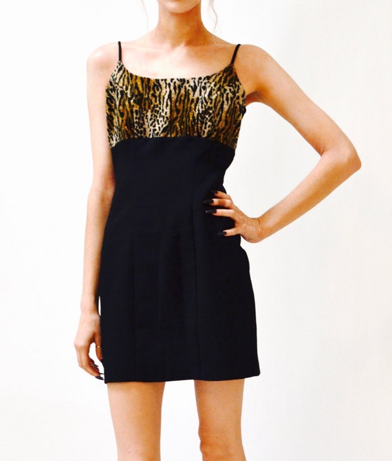 90s Vintage black Tank Dress Animal Print Dress M… - image 8