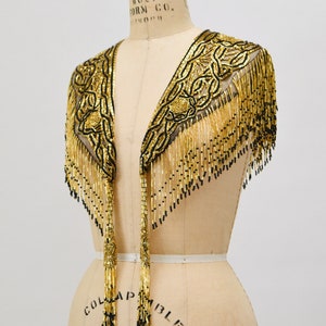 Vintage Gold Beaded Fringe Shawl Wrap Burlesque Wedding Flapper Gold Metallic Beaded Vintage Fringe Collar Shawl Gold Black Wrap Sharmark image 5