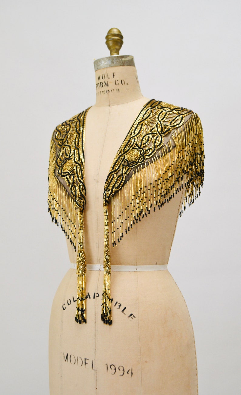 Vintage Gold Beaded Fringe Shawl Wrap Burlesque Wedding Flapper Gold Metallic Beaded Vintage Fringe Collar Shawl Gold Black Wrap Sharmark image 5