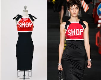 Vintage Moschino Couture Stop Shop Sign Red Black Sequin Tank Dress Size XXS XS Vintage Red Sequin Pop Art Dress Paris Hilton Moschino