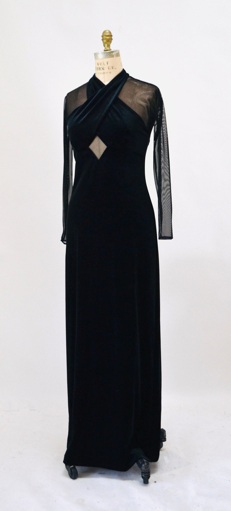90s Vintage Black Velvet Prom Dress Illusion Dress Medium// Black Body Con 90s Prom Dress Bondage Dress Medium Sheer Sleeve long Black Dress image 2
