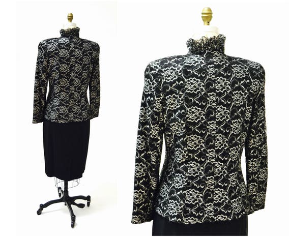 80s Vintage Black Silver Metallic Lace Jacket Bla… - image 4